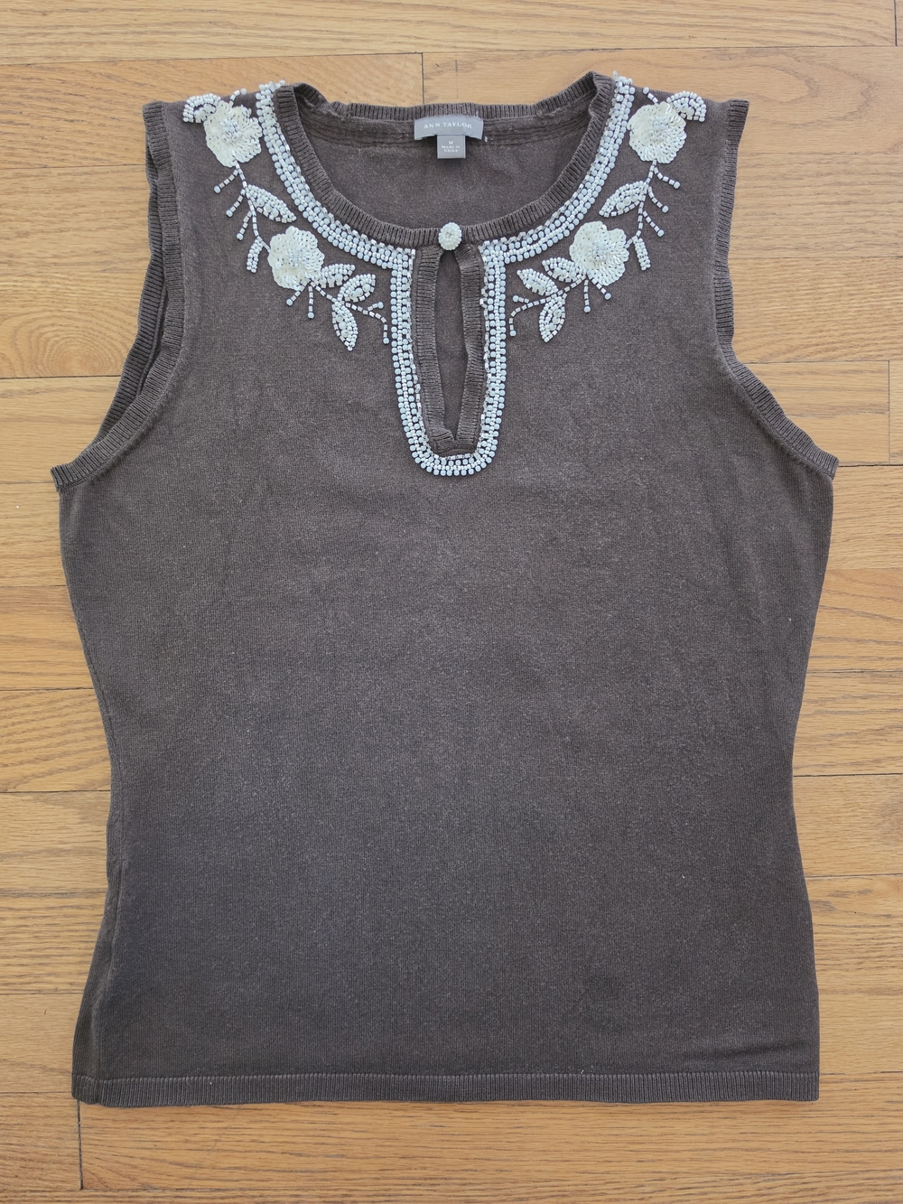 Ann Taylor Brown Beaded Floral Sleeveless Knit Top Suze M